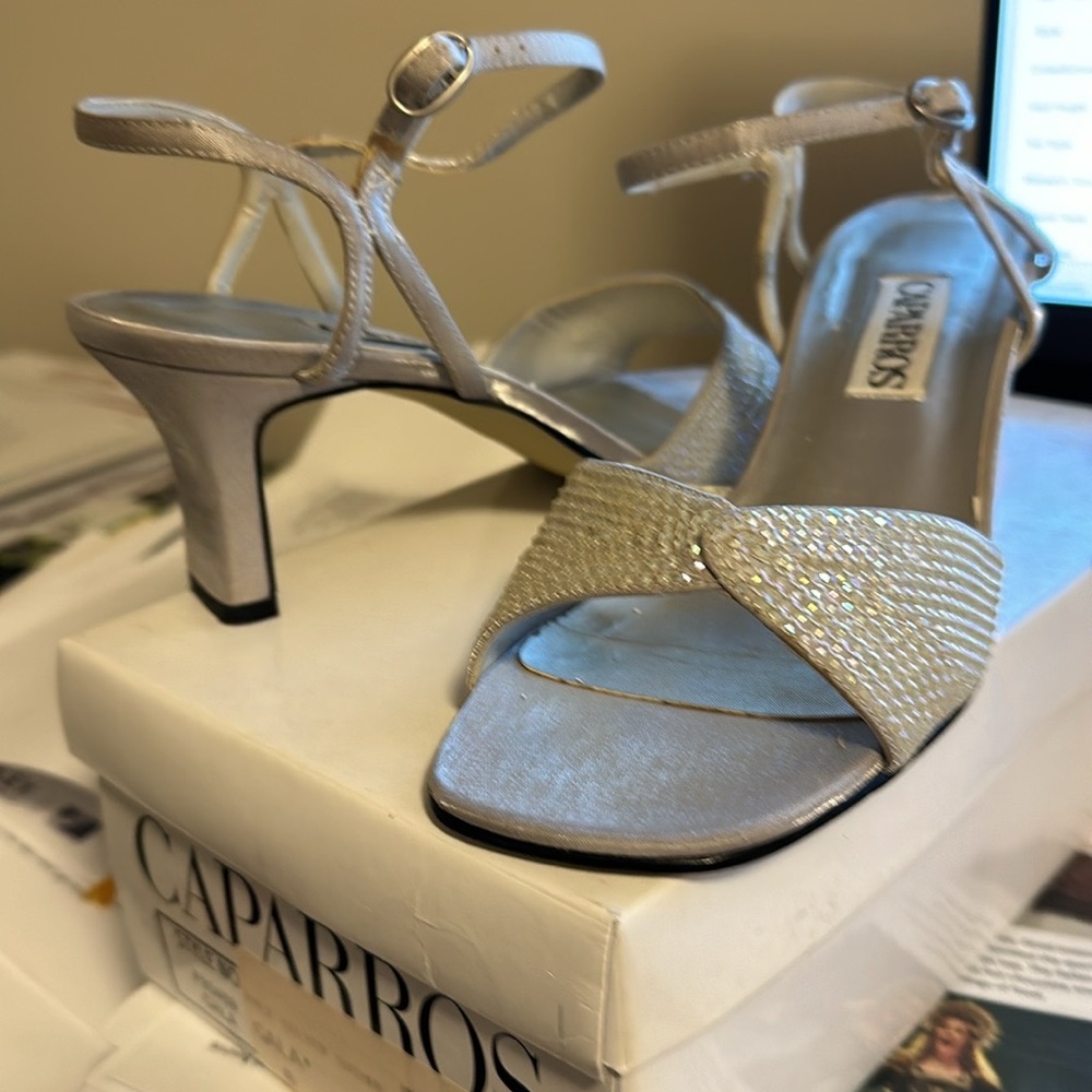 Caparros Shoes, pale silver sling back beaded heels, size 8M